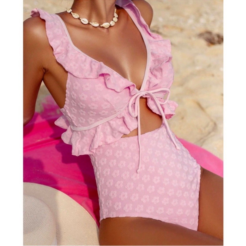 Pink Floral Textured Print Cut Out Monokini One Piece Swimsuit S M L Xl